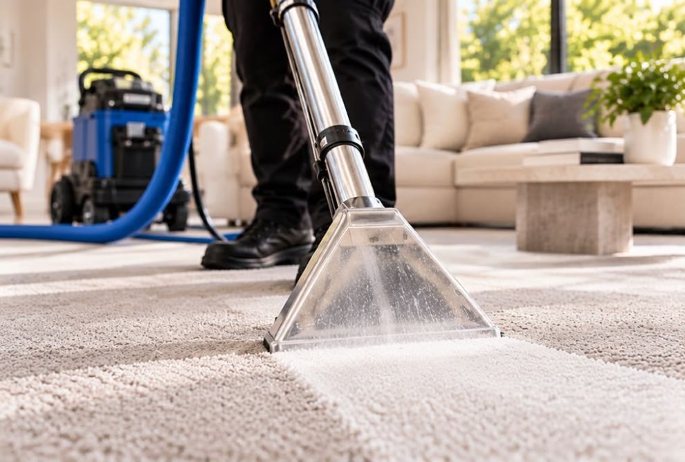 Close-up of a carpet extraction wand lifting dirt from a light-coloured lounge-room carpet