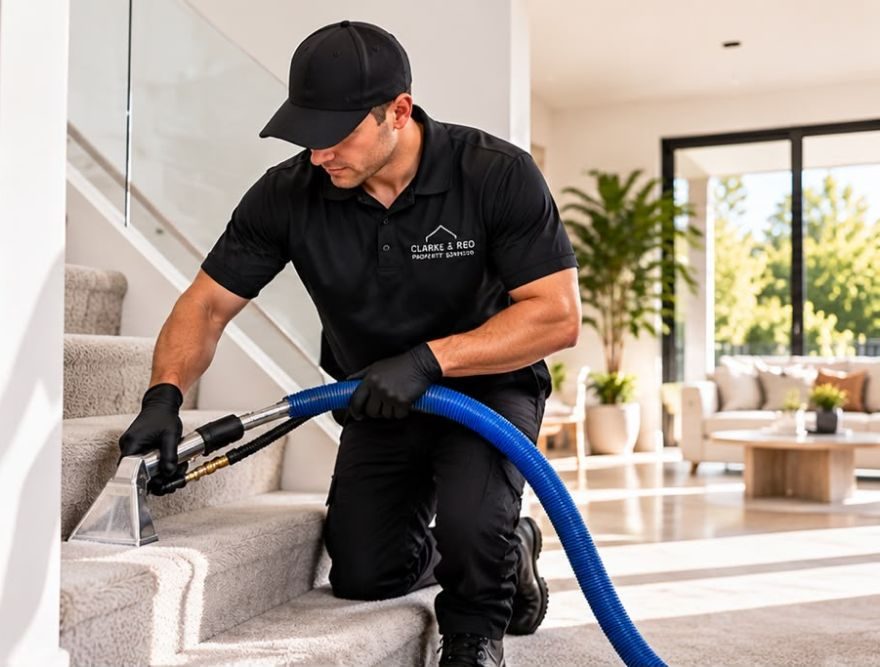 Clarke & Reo technician cleaning carpeted stairs with a hand extraction tool