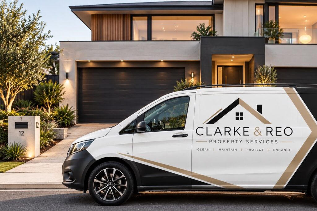 Clarke & Reo Property Services van parked outside a modern Adelaide home at dusk