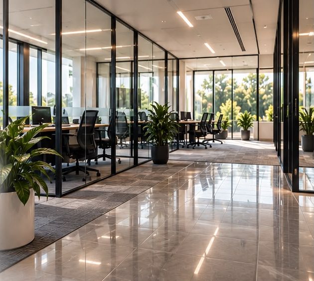 Clean glass-walled office with polished stone floors and indoor plants